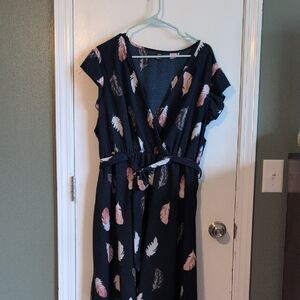 Black Feather-Print Wrap Dress with Belt